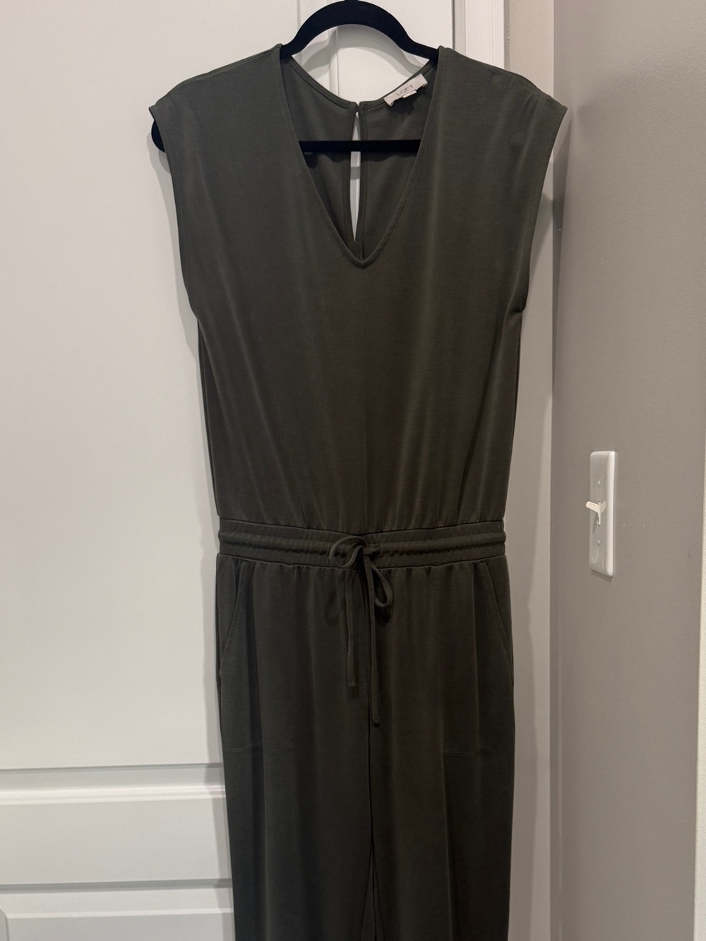LOFT Olive Green Sleeveless Midi Jumpsuit with Drawstring Waist